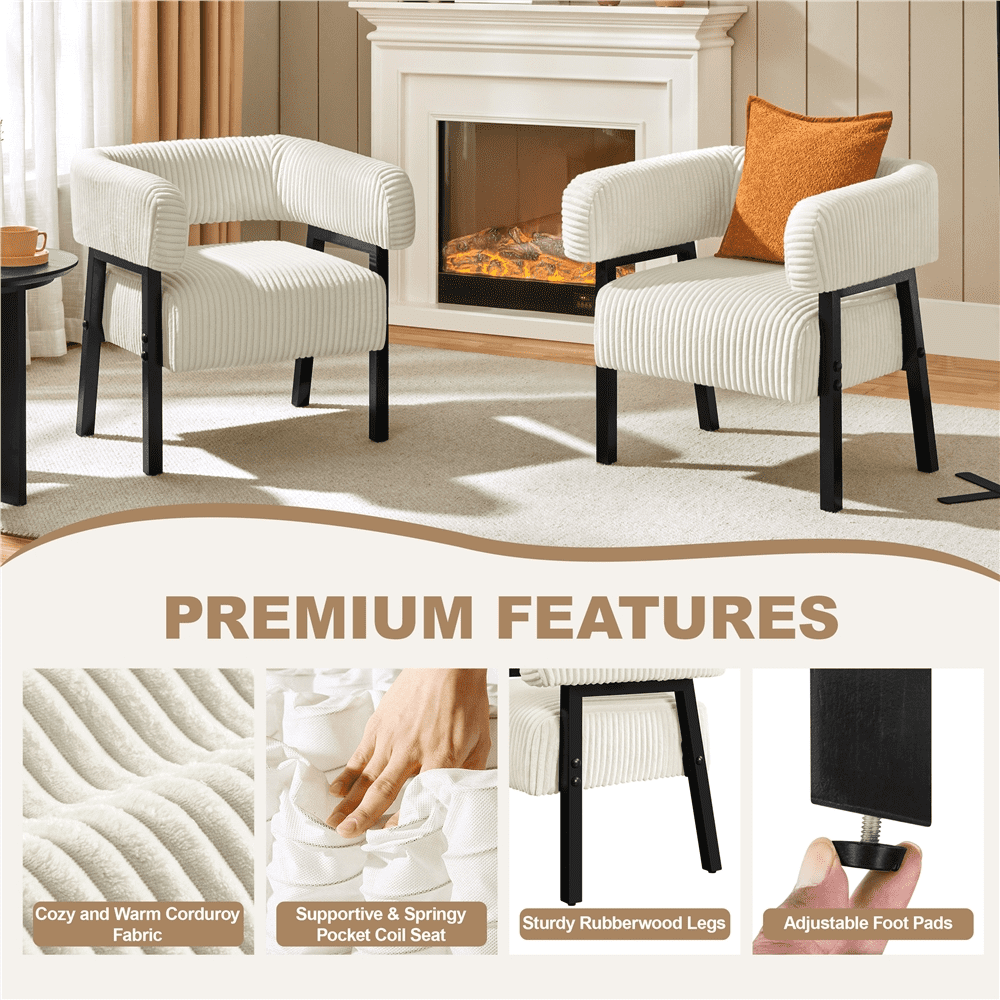 Renwick Corduroy Accent Chair with Solid Wood Legs for Living Room, Beige