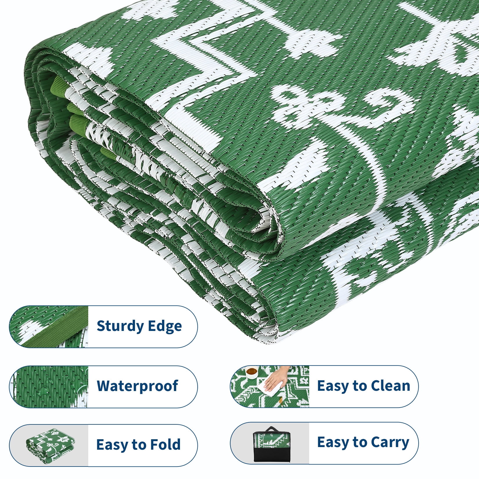 Nanan 9x12 Outdoor Patio Rug, Portable Waterproof Plastic PP Tube Rug, Modern Scalloped Edge Mat for Deck, Yard, Camping, Balcony & Poolside, Green/White