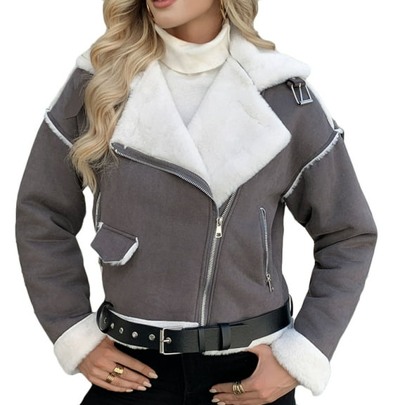 Womens Faux Lamb Jacket Warmth Fur Leather Coats Cropped Lapel Zipper Bomber with Pockets and Belt Casual Comfy Aviator Coat 2025 Winter Trendy Clothing