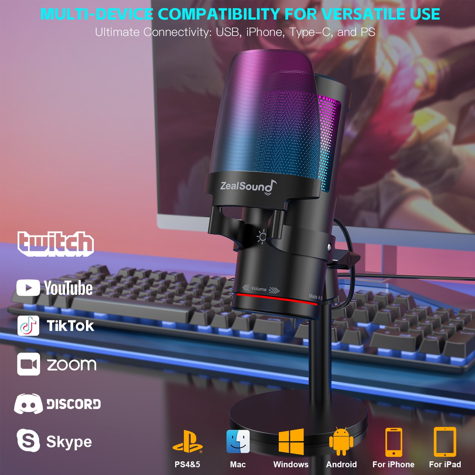 ZealSound Gaming USB Microphone,Noise Cancellation Condenser mic with RGB Light,Touch Mute,Gain,Monitoring for Streaming, Podcast, Twitch, YouTube, Discord, iPhone, iPad,PC,Computer,PS4,PS5,Mac