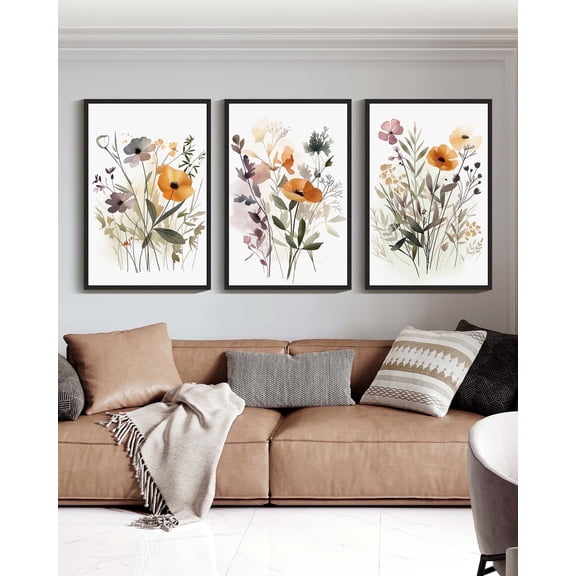 Drsoum Large Flower Wall Decor 24x36in3pcs Black Framed Colorful Floral Wall Hanging Decor Botanical Pictures Canvas Wall Art