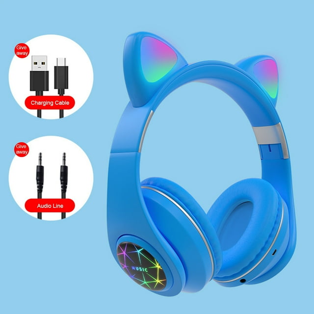 Seitruly Auriculares con orejas de gato con micrófono Bluetooth 5,0, auriculares inalámbricos con cancelación de ruido RGB, Gamer, adultos, niños y Cables de audio/vídeo No.06