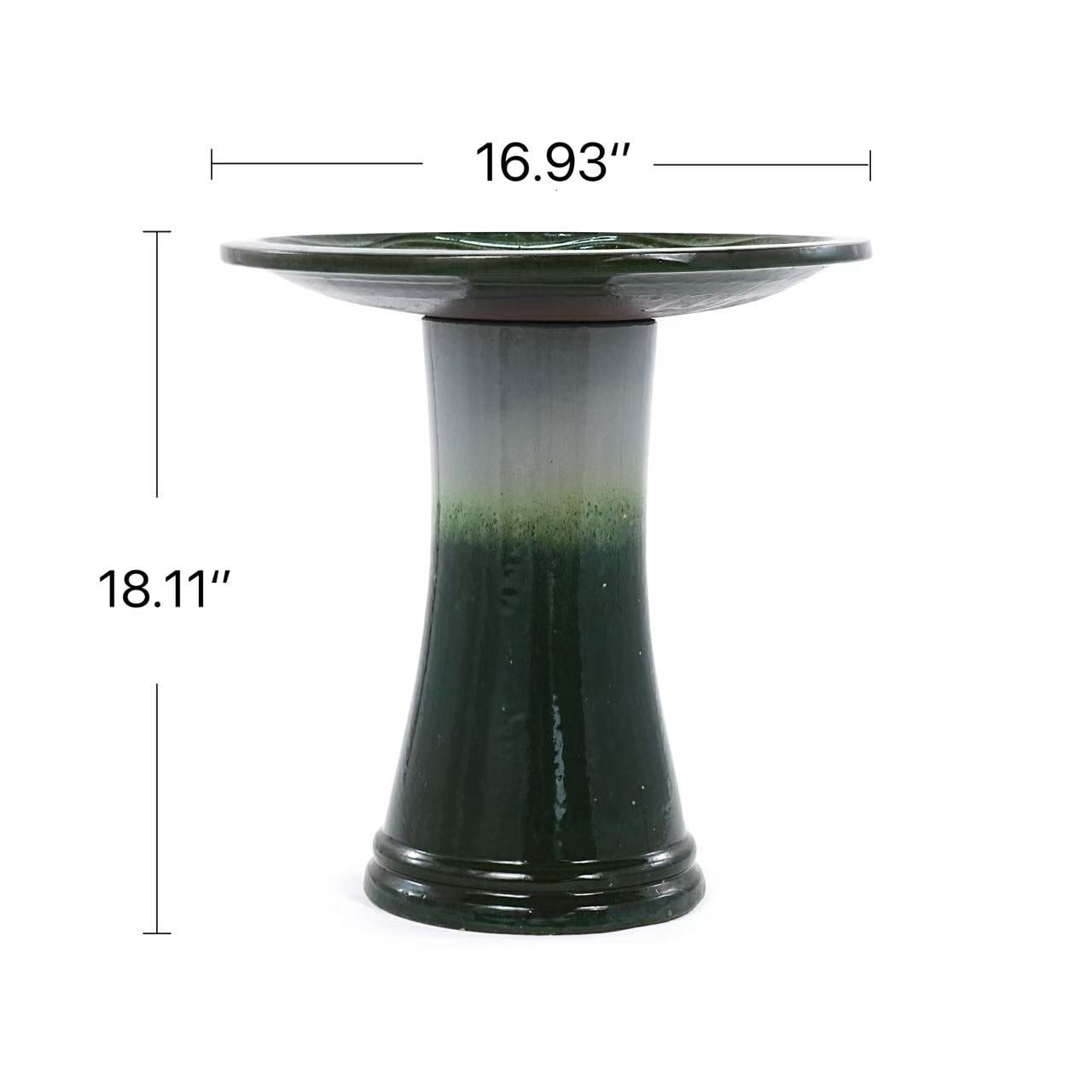 mdj pottery Grass Green Ceramic Bird Bath, 18" Tall Pedestal Birdbath, 17" Wide Outdoor Bowl for Garden Patio Yard Decor