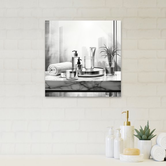 Designart "Minimalist Black and White Bathroom Set I" Fashion Wall Art - Glam Black Toiletries Living Room Canvas Art