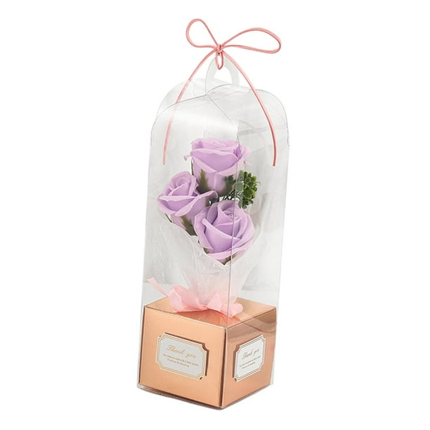 Ramo de flores de jabón artificial, ramo de 3 jabones perfumados con caja de regalo, jabón de baño rosas violetas