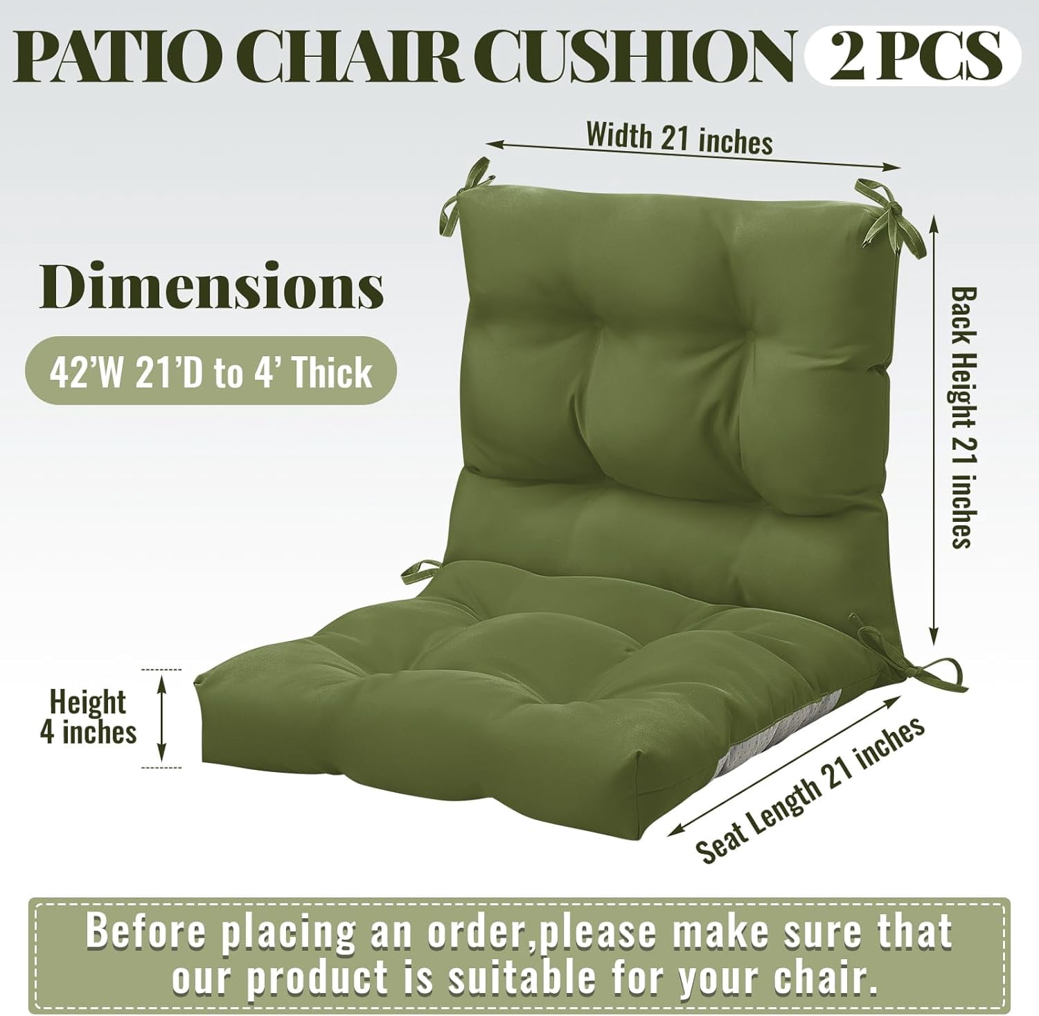 2 Pcs Outdoor Indoor High Back Chair Cushions Patio Furniture Tufted Pillow with Ties Water-Resistant Replacement Outdoor Rocking Chair Cushions, 42 x 21 Inches (Moss Green,Solid Color)