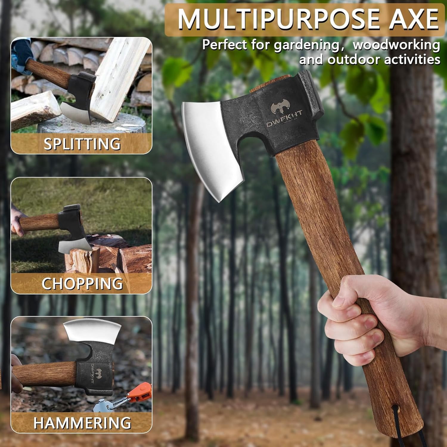 DWFKHT 14.4" Camping Hatchet with Sheath, Hand Forged 1065 Steel Axe for Wood Chopping & Bushcraft