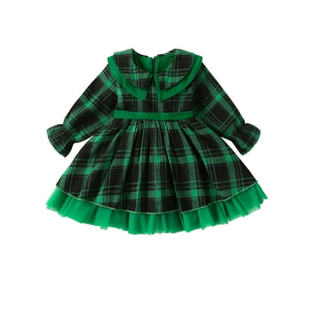 

Qtinghua Toddler Baby Girls Christmas Dresses Long Sleeve Doll Collar Plaids Dress Tulle A-line Dress Fall Clothes Green 3-4 Years