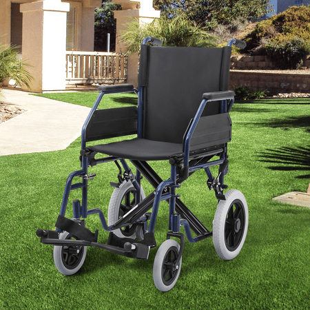 monicare *FDA APPROVED* Transport Wheelchair 300lbs Weight Capacity, Folding Transport Wheelchair with Removable Flip Back Armrests & Swing-Away Footrests, Blue