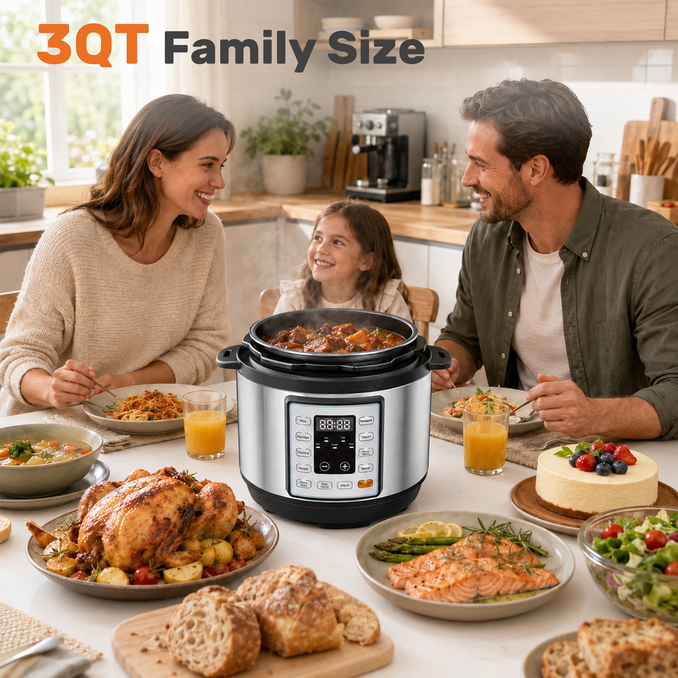 edx 3 Quart Electric pressure cooker,Multi-Function Features Stainless Steel Pot with 8 Functional Modes & Programmable Timer, Silver