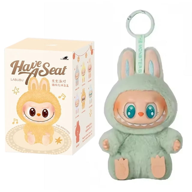 En Stock figura de Anime Labubu tiene un asiento serie PVC colgante muñeca modelo juguete Kawaii monstruo réplica llavero juguete regalo de cumpleaños
