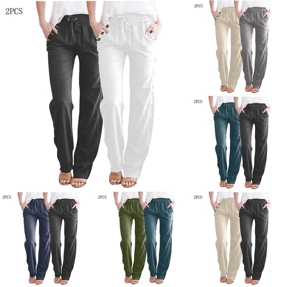 Eiyaclvo Lounge Pants for Women Drawstring Elastic Waisted Straight Leg Pants Casual Summer Beach Cotton Linen Pant with Pockets