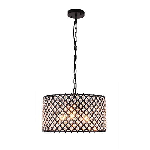 Lingkai Crystal Chandelier Pendant Light Fixture 3 Hanging Ceiling Lamp Caged Metal Drum Shade Black Finish Com Lingkai Crystal Chandelier Pendant, Metal Drum Shade Pendant Light