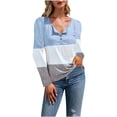 thumbnail image 1 of Timegard Womens Top Notched V-Neck Button Long Sleeve Color Block Tee Shirts Fall Casual Comfy Tops, 1 of 6