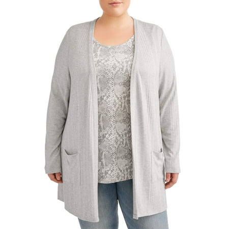 Terra & Sky Womens Plus Size Ribbed 2Fer Cardigan with Scoopneck T-Shirt