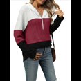 thumbnail image 3 of Suéter con Capucha y Media Cremallera para Mujer, Talla Grande, Color Block, Punto Acanalado, Cuello en V, Larga Vino Tinto L, 3 of 10