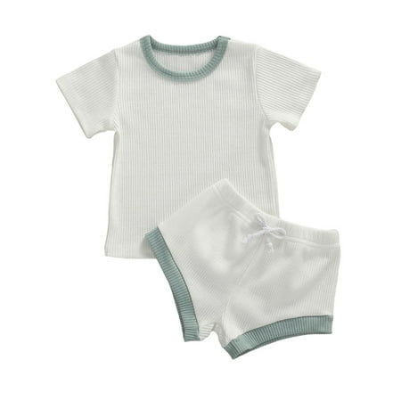 

Caitzr Newborn Baby Summer Short Sleeve Ribbed Knit O Neck T-shirt Drawstring Shorts Outfits