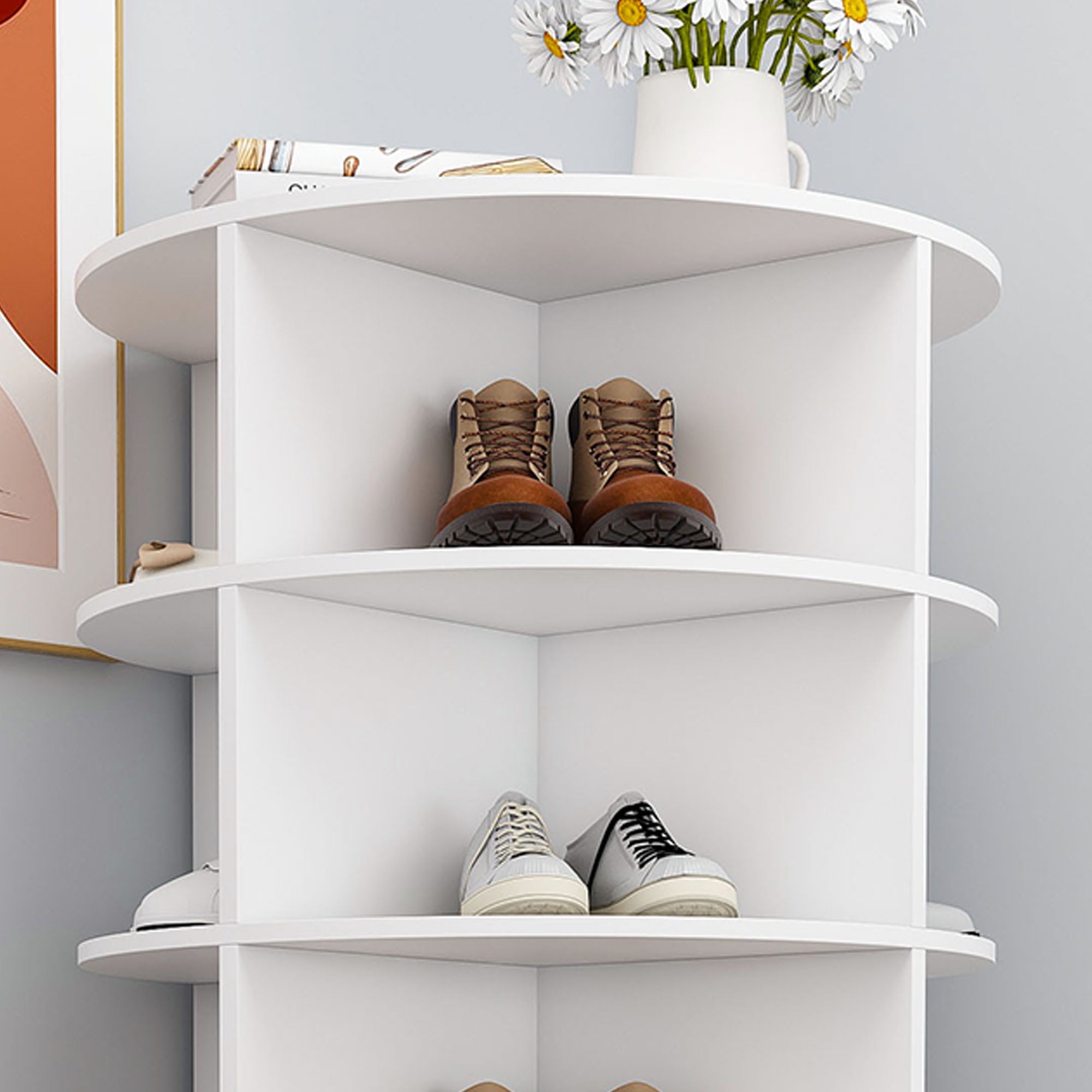 CQSXDA Rotating Shoe Rack Tower in White, 8-Tier Free Standing Revolving Organizer Holds Up to 32 Pairs of Shoes
