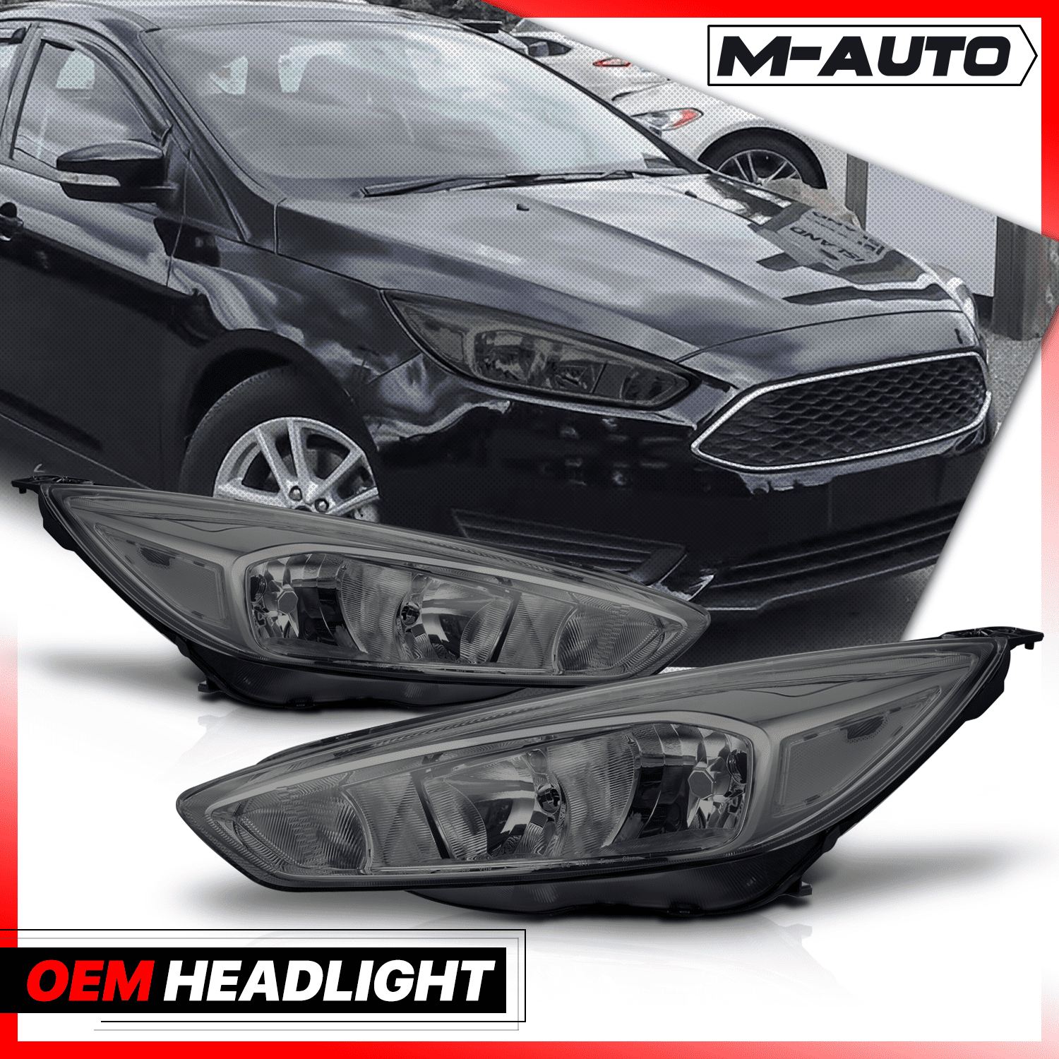 M-AUTO Pair Replacement Headlight Assembly for 2015 2016 2017 2018 Ford Focus 4 Door, Chrome Housing Smoke Lens Clear Corner