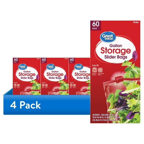 (4 pack) Great Value Fresh Seal Slider Zipper Bags, Gallon Storage, 60 Count