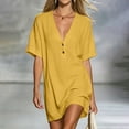 thumbnail image 2 of Qiopertar Summer Dresses for Women Boho Vacation Beach Dress Button Down V Neck Short Sleeve Loose Flowy Slit Casual Party Sundress, Yellow S, 2 of 7