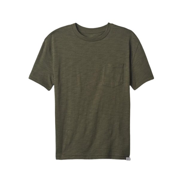 Playera GAP para niño con bolsillo, cuello redondo, negro musgo, talla L