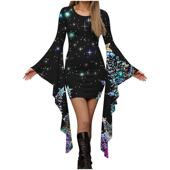 qelini Holiday Dresses for Women Christmas Bell Sleeve Cute Print Crewneck Irregular Dress Stylish Party Dresses