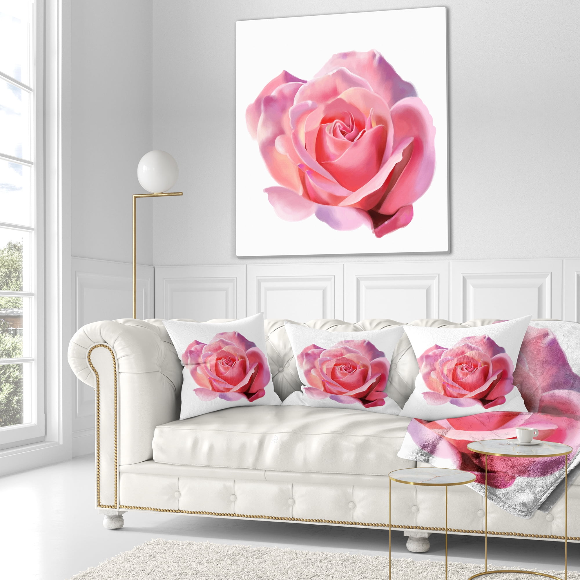 Designart Pink Rose Sketch on White Background - Flowers Throw Pillowwork - 16x16