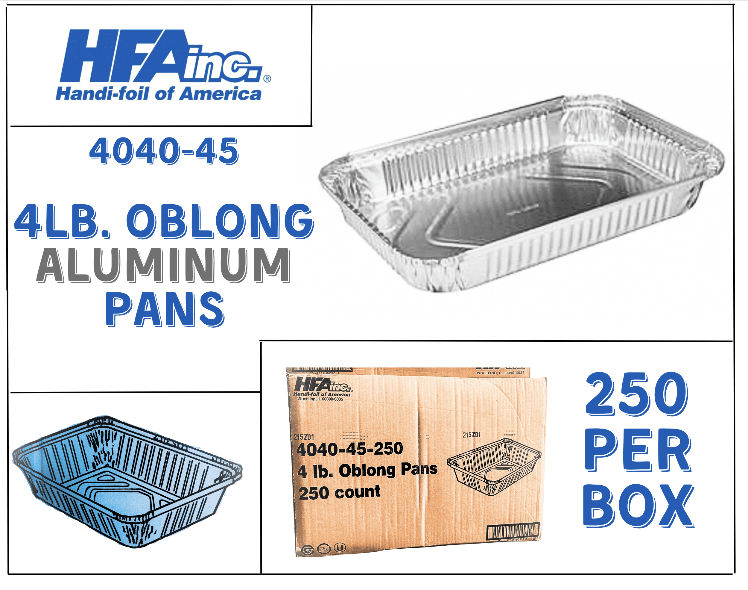 HFA 3 Lb Aluminum Pans Oblong - 12.38x6.56x1.44 Inch Foil Containers Pack Of 250