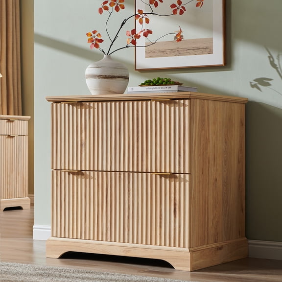 Keywhat Lateral 2 Drawers Filing Cabinet with Charging Station, 30.2" W Sturdy Modern Fluted Wood Office Furniture for Letter/Legal/A4, Natural Oak