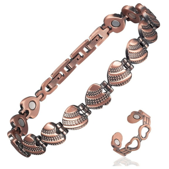 Wollet Heart Solid Copper Magnetic Bracelet for Women, Copper Ring, Christmas Jewelry Gift, 7.5'' Adjustable