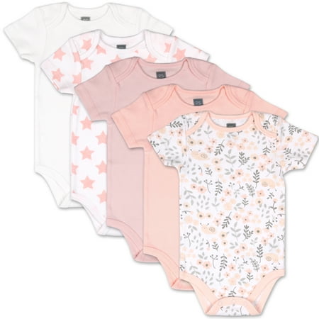 

The Peanutshell Baby Girl Short Sleeve Bodysuit Set 5 Pack Blush Floral and Stars