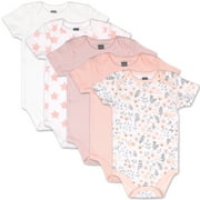 The Peanutshell Baby Girl Short Sleeve Bodysuit Set, 5 Pack, Blush Floral and Stars