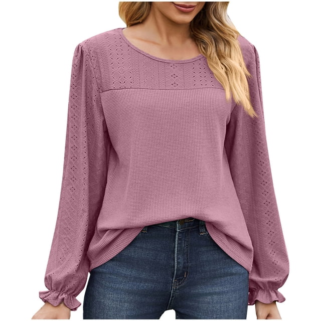 Timegard Blouse pour Femmes à Œillets Col Rond Manches Longues à Volants Automne Décontractée Confortable Couleur Unie
