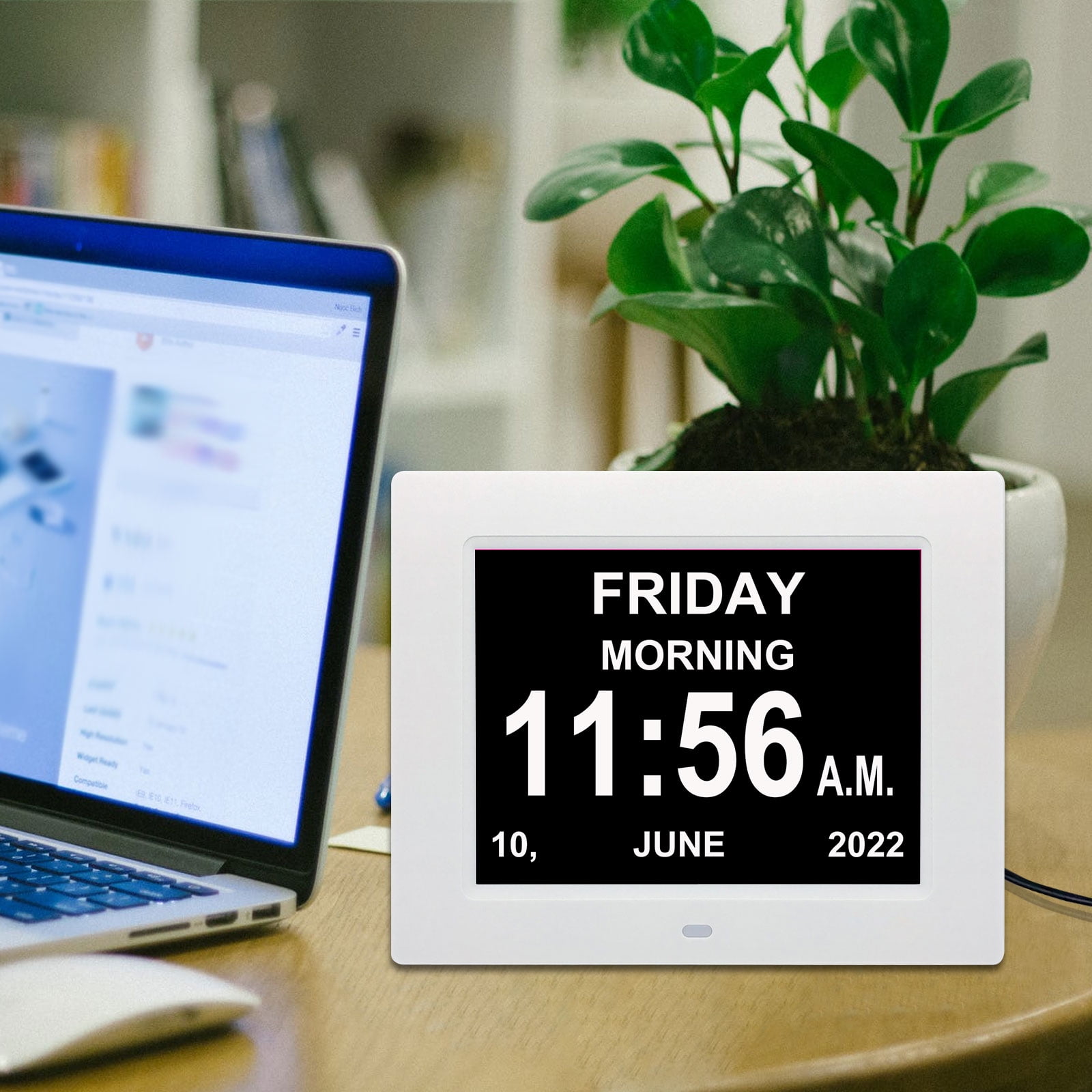 Pokanic Digital Calendar Date Multi Alarm Clock 8 inch Large Display Auto-Dimming Electic Desk Table Wall Mount Office, Home, Kitchen, Room, School, Bedroom, Living Room (White)