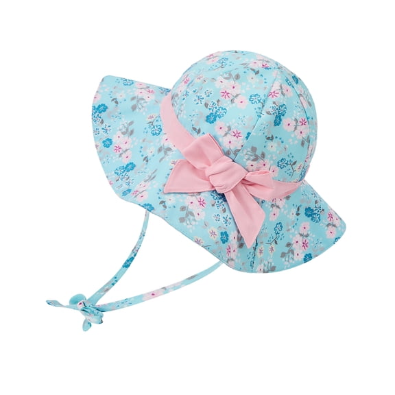 Zando UPF 50 UV Sun Protection Bowknot Wide Brim Baby Sun Hat Adjustable Chin Strap Outdoor Girls Toddlers Cap Blue Flower S