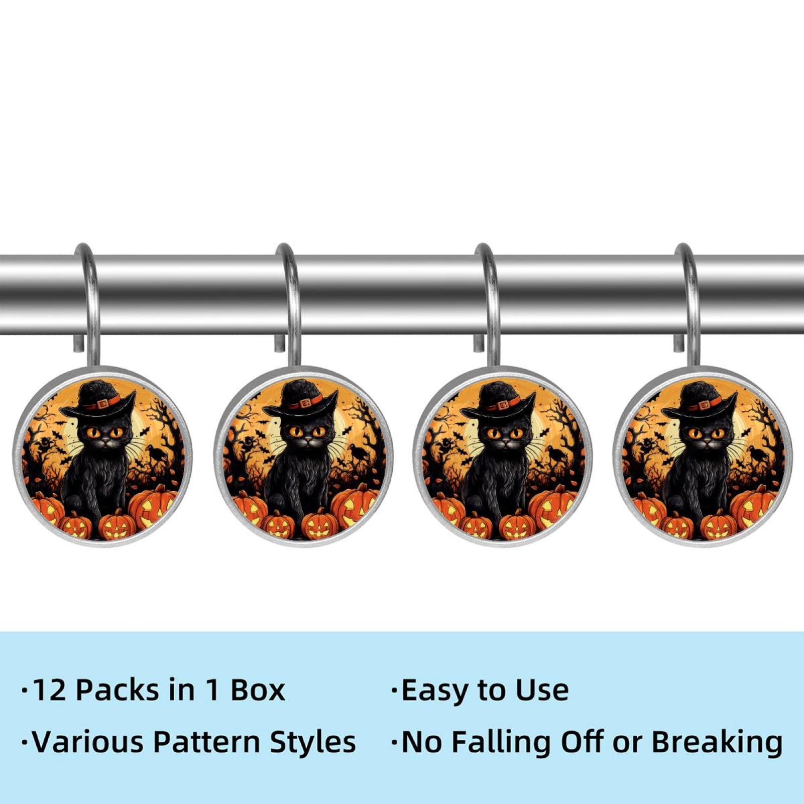 12pcs Decorative Shower Curtain Hooks, Rust Resistant Shower Rings for Bathroom Living Room,Rustproof Stainless Steel Rings for Shower Curtain and Liner Rods,Halloween Black Cat