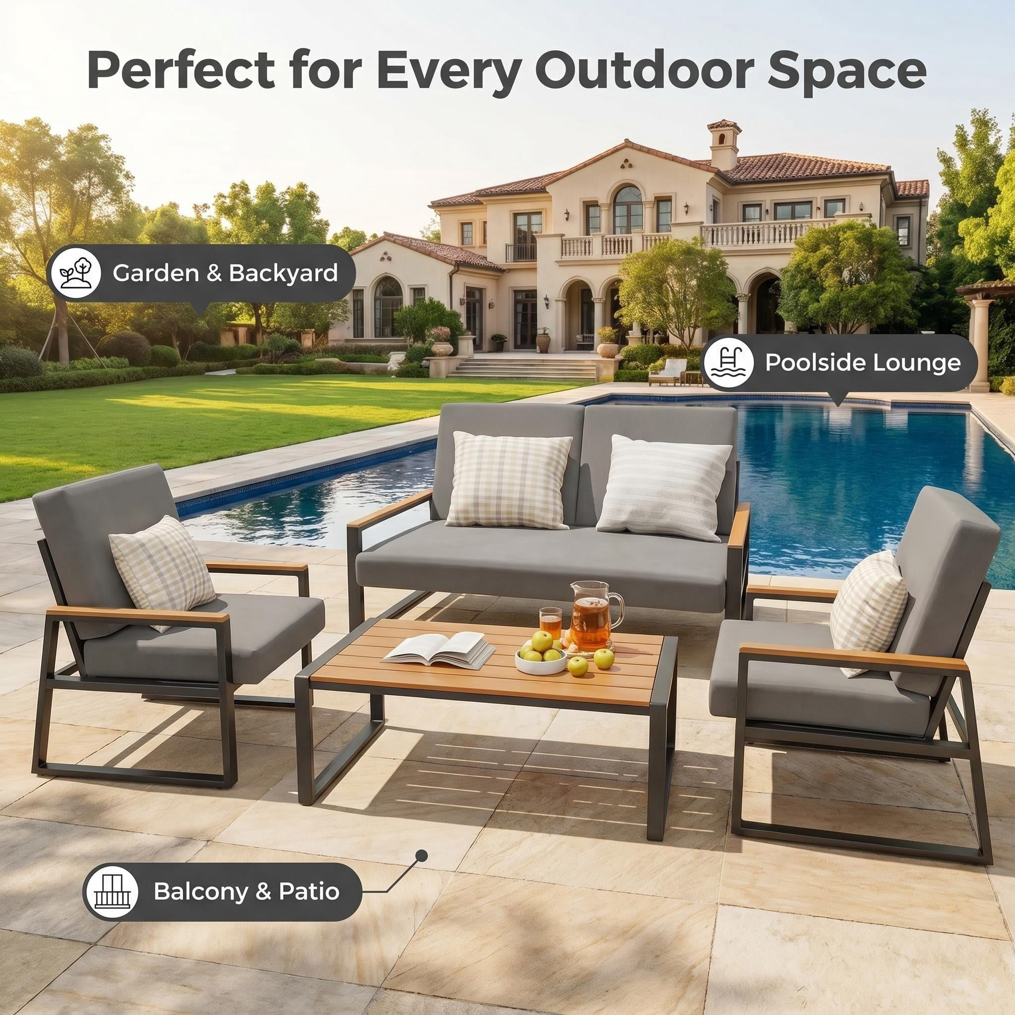 Outdoor Furniture Set, Lofka Patio Sectional Furniture Set with Rectangle Wooden Table and Heavy-Duty Metal Frame, Seating for 4, Gray Cushion