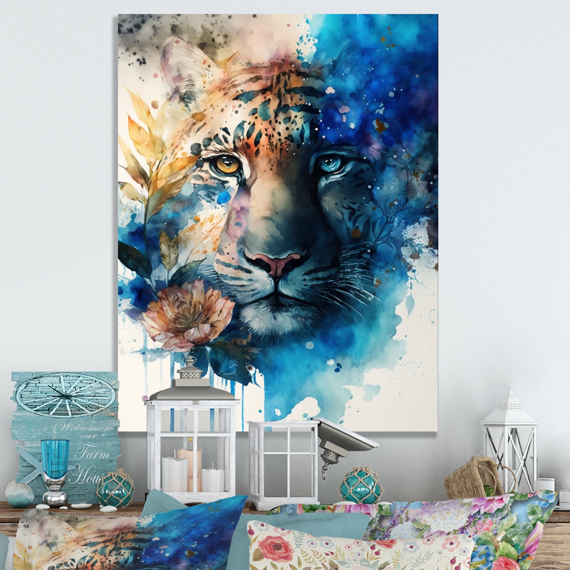Designart Tiger Portrait With Flowers II Canvas Wall Art