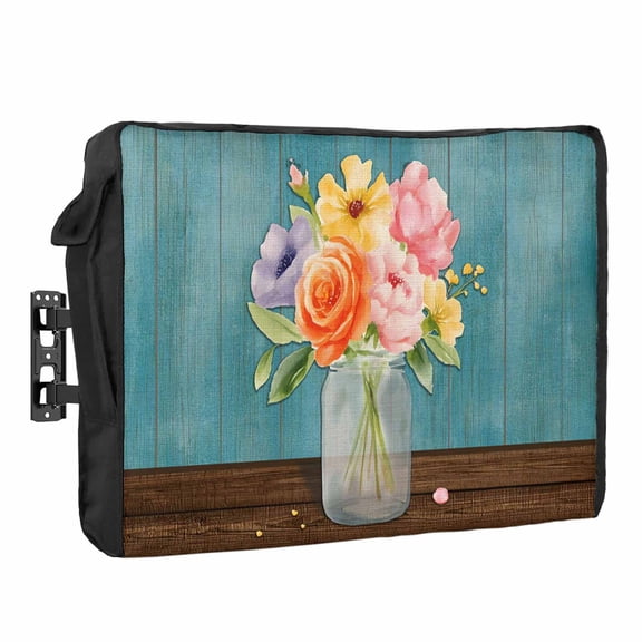 Floral Vase Waterproof Outdoor TV Cover, Watercolor Colored Floral Vase Teal Wood Grain Outside Weatherproof TV Enclosures for 30 to 32 Inch LCD Television Shield Flat Screen Protectors