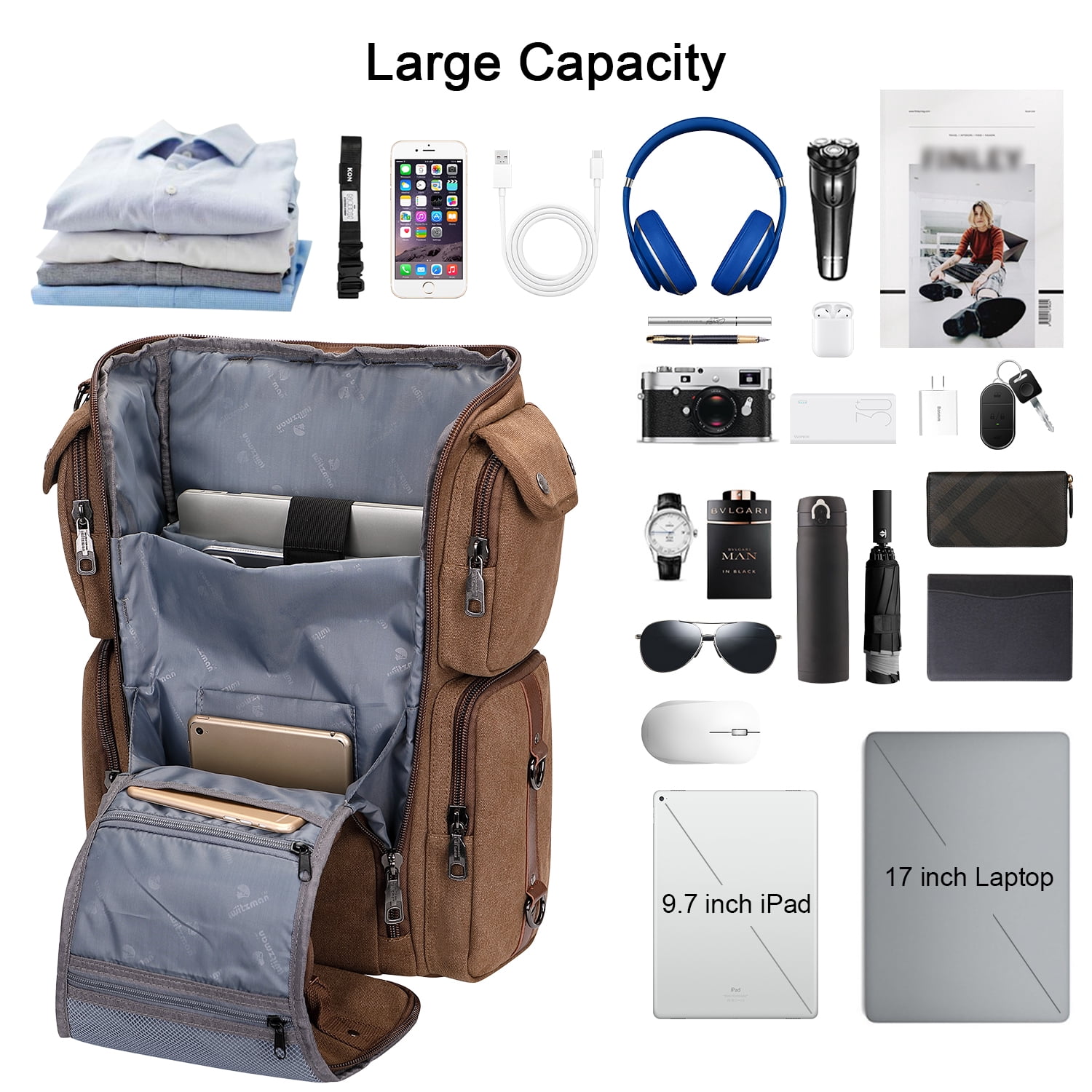 WITZMAN Travel Backpack for Men Carry On Canvas Backpack Luggage Outdoor Duffel Bag (6661 Brown)