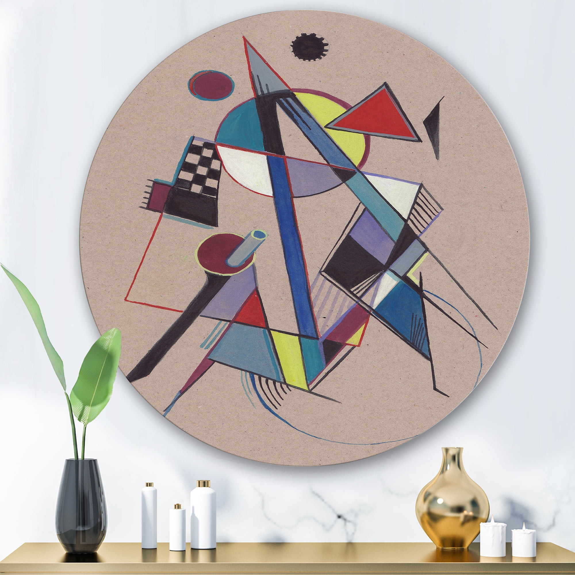 Designart 'Abstract Compositions Of Colored Geometric III' Modern Circle Metal Wall Art 36x36 - Disc of 36