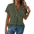 thumbnail image 3 of Craaazy Women's Solid Color V-Neck Short Sleeve Button Down Shirts Loose Fit Casual Daily Summer Top Gifts, 3 of 7