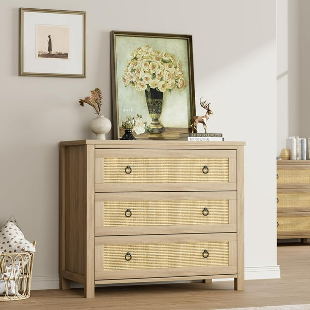 Rattan Dressers for Bedroom, Boho Tall Drawer Dresser with Storage, Wooden Closet Dressers Chest of Drawers Freestanding for Bedroom, Nursery, Living Room, Natural