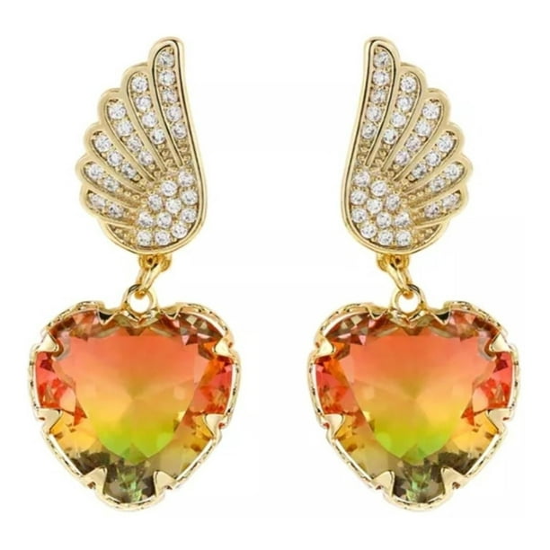 Aretes Alas Corazón Cristal Degradado Oro Laminado 14k verde Unitalla