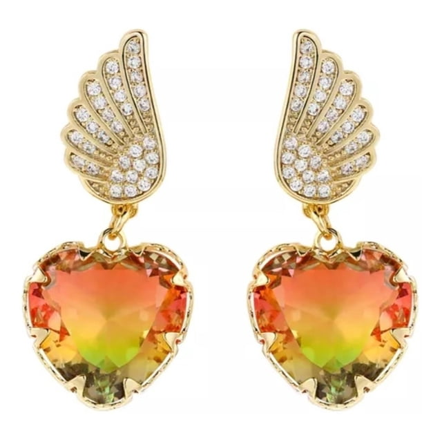 Aretes Alas Corazón Cristal Degradado Oro Laminado 14k verde Unitalla