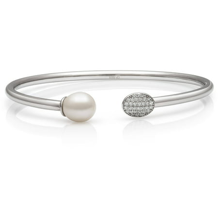 8-9mm Genuine White Cultured Freshwater Pearl and CZ Encrusted Sterling Silver Open Bangle Bracelet, 6.25