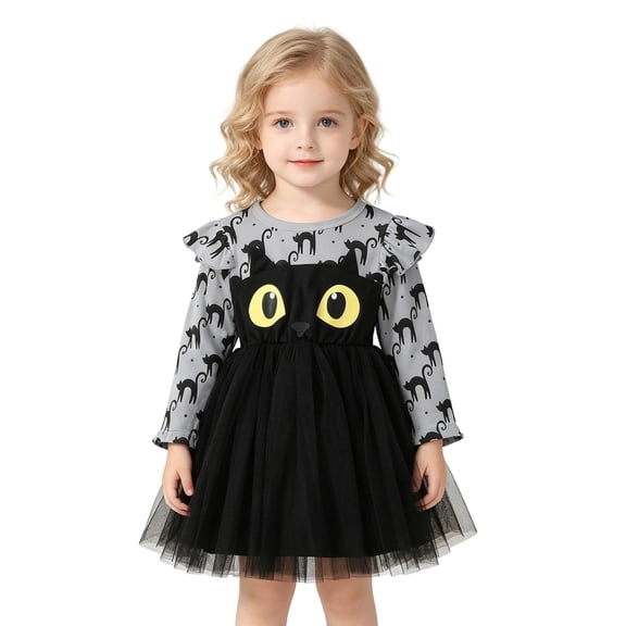 Girls Halloween Black Cat Print Long Sleeve Ruffle Mesh Tutu Dress, Kids Cartoon Cosplay Party Dress for Holiday Performance Party(Grey1,5-6 Years)