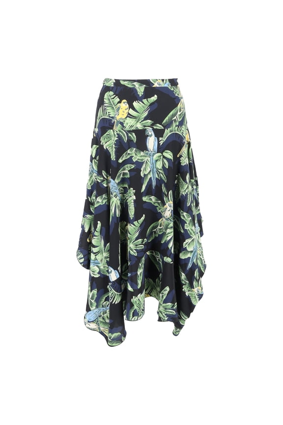 Pre-Owned Stella McCartney Birds of Paradise Printed Asymmetric Hem Midi Skirt in Multicolor Silk