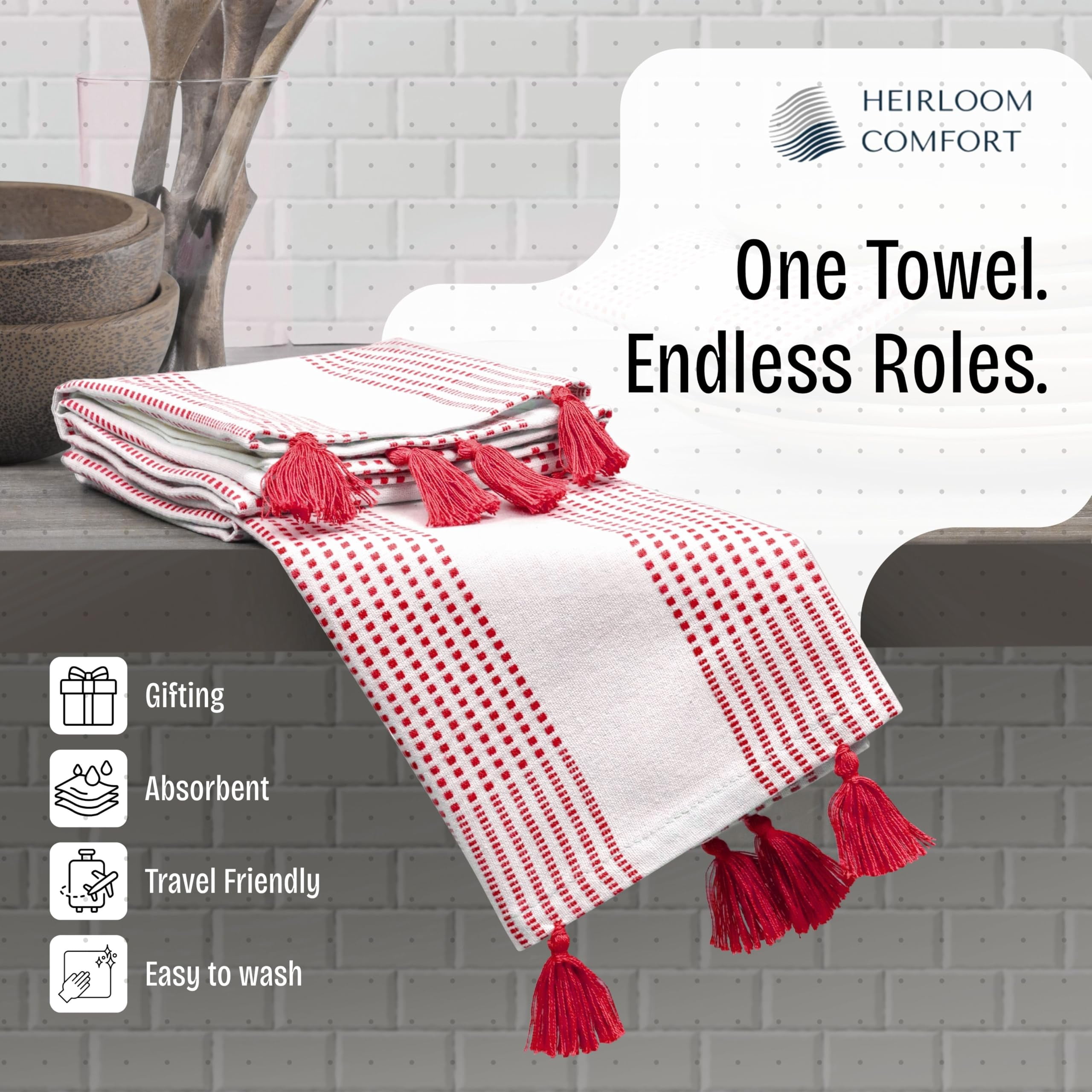 HEIRLOOM COMFORT Red Decorative Dotted Kitchen Towels 16x26 Inch, 12 Pack, 100% Cotton, Super Absorbent & Soft, Fast Dry Dish Towels with Tassels for Cleaning, Drying Dishes, and Daily Use